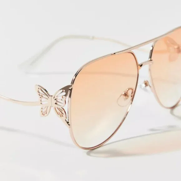 NWT New Goldie Butterfly Metal Aviator Sunglasses Shades Women's One Size Gold - Picture 2 of 4